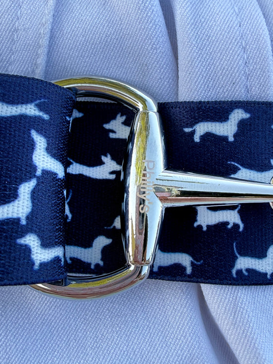 Close-up of silver snaffle bit buckle on elastic belt