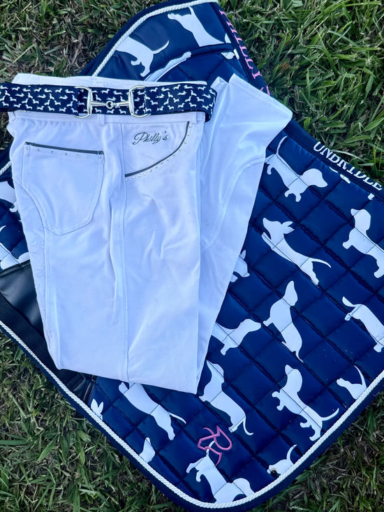 Navy dachshund print elastic bit belt laid flat