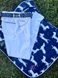 Navy dachshund print elastic bit belt laid flat